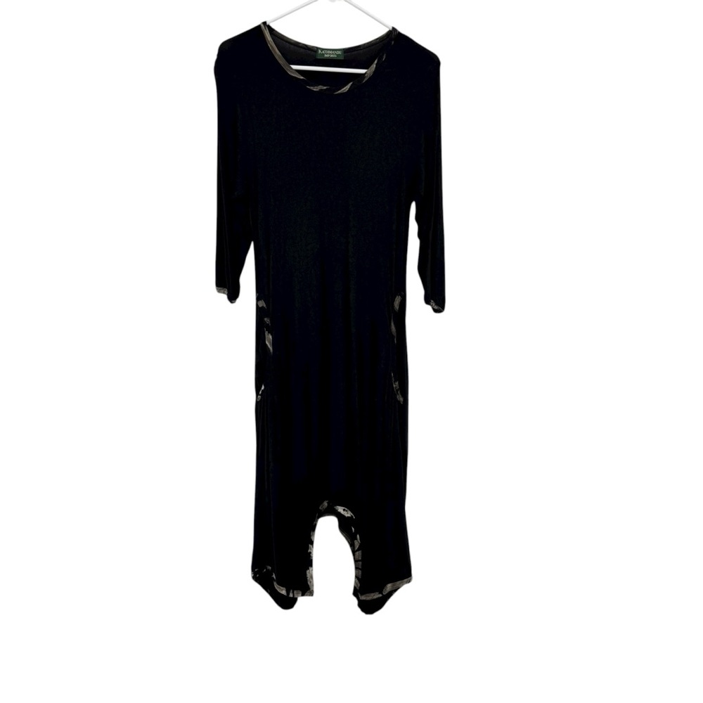 Kathmandu Imports Size Small Black Knit Dress w Animal Print Trim Shark Bite Hem